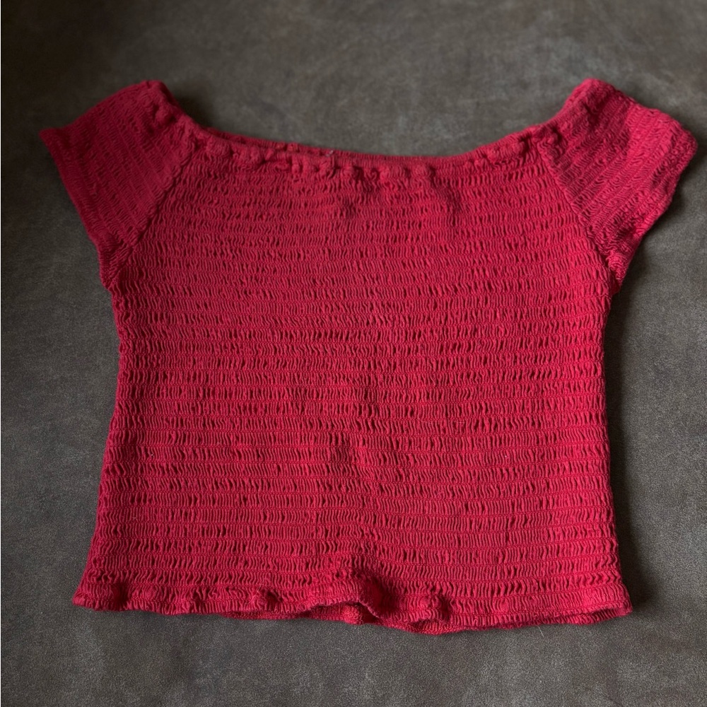 Brandy Melville Red Smocked Crop Top Cap Sleeve